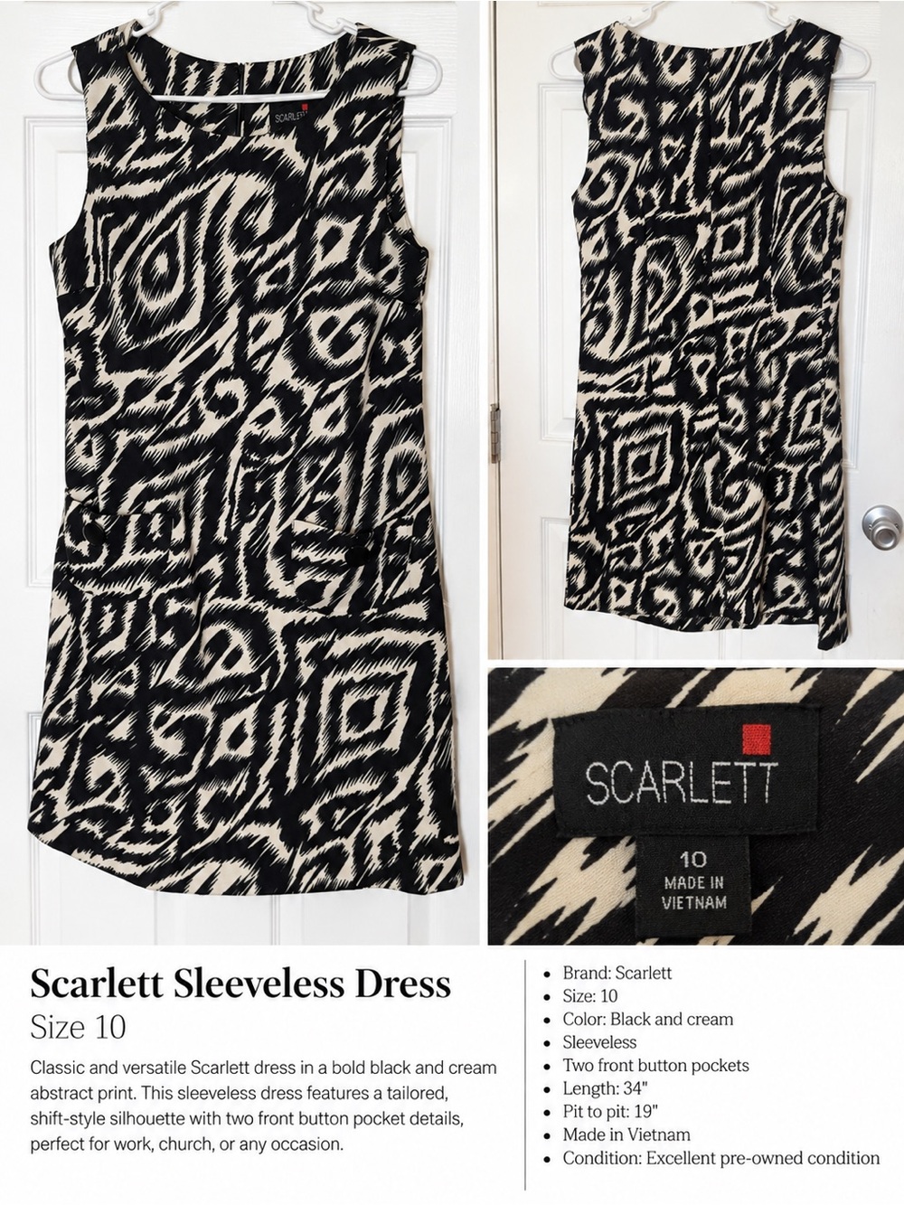 Scarlett Black & Cream Abstract Print Sleeveless Dress – Size 10